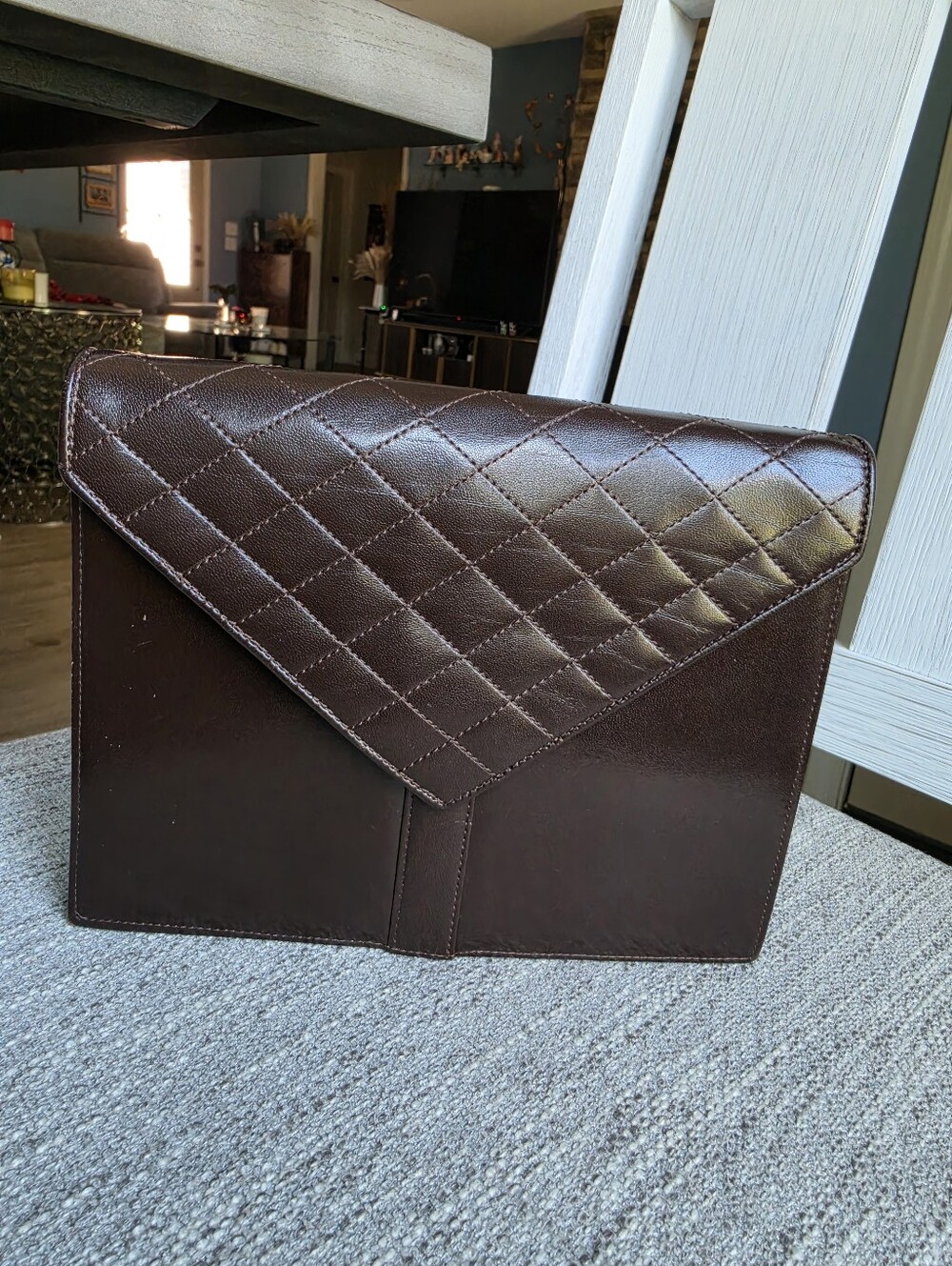 Authentic YSL Quilted Envelope Leather Pouch — Dark Brown